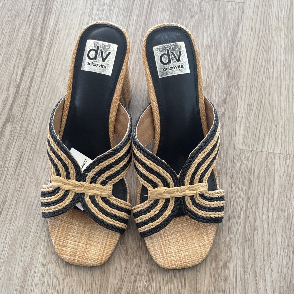 Dolce Vita Black and Tan Woven Mules